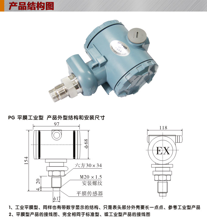 壓力變送器,PG1300PY平膜壓力傳感器結(jié)構(gòu)圖