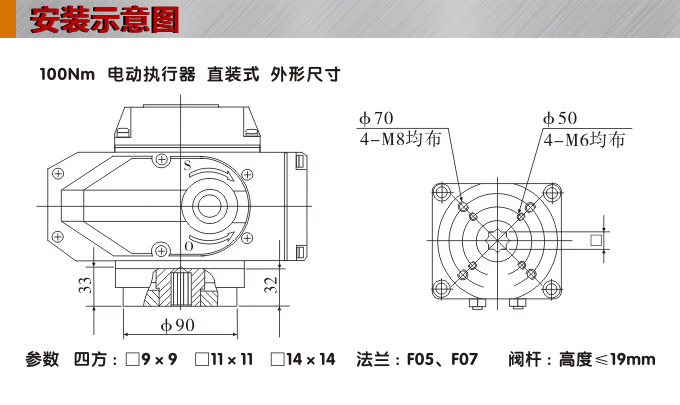 電動執(zhí)行器,電動頭,YTDG-RS100電動執(zhí)行機構(gòu)安裝示意圖