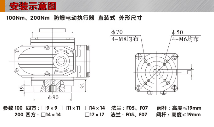 防爆電動(dòng)頭,YTEx-RS100防爆電動(dòng)執(zhí)行器安裝示意圖