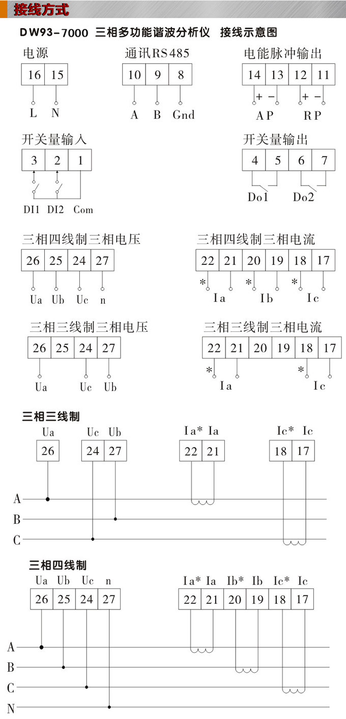 網(wǎng)絡(luò)電力儀表,DW93-7000多功能諧波表接線圖