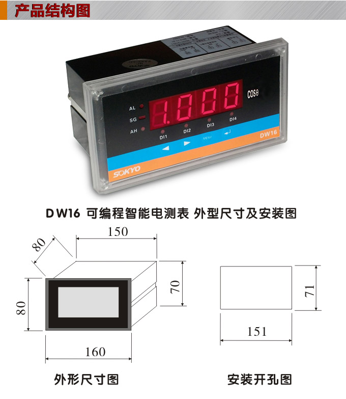 數(shù)字功率因數(shù)表，DW16三相功率因數(shù)表產(chǎn)品外形結(jié)構(gòu)圖