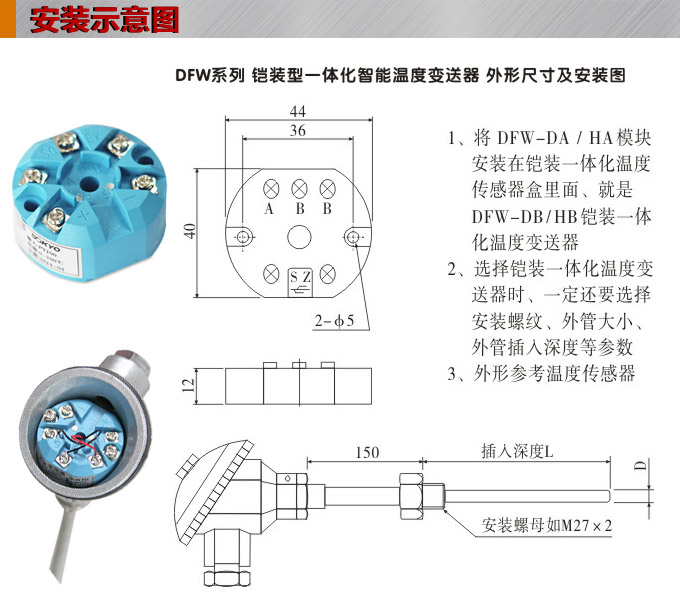 高精度溫度變送器,DFW一體化溫度變送器,溫度變送器安裝示意圖