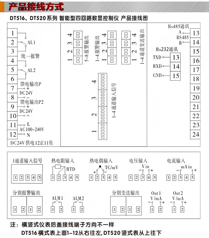 數(shù)顯控制儀，DT520智能四回路數(shù)顯表，多回路巡檢控制儀接線方式