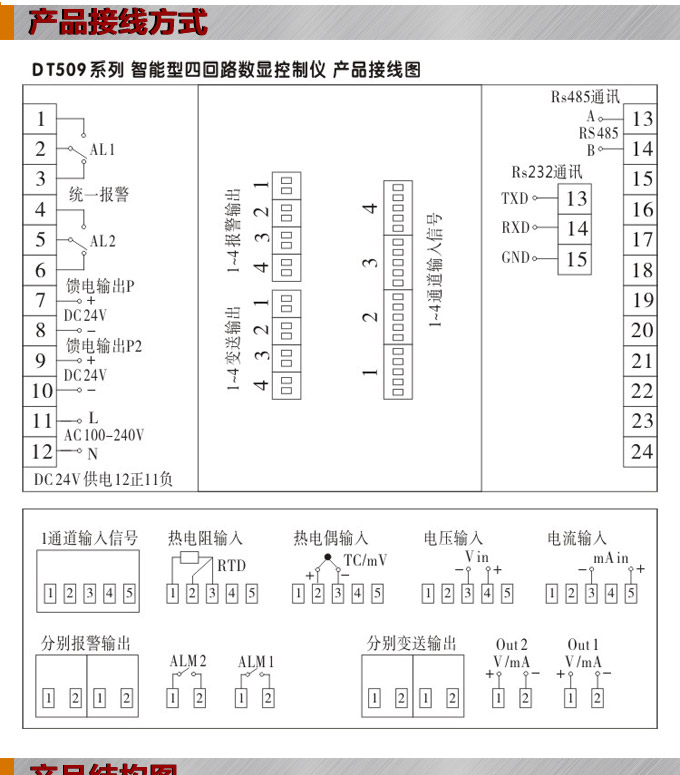 數(shù)顯控制儀，DT516智能四回路數(shù)顯表，多回路巡檢控制儀接線方式