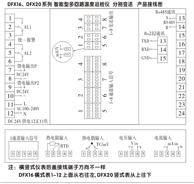 溫度巡檢儀，DFX9多回路溫度巡檢儀，多回路巡檢控制儀接線方式1