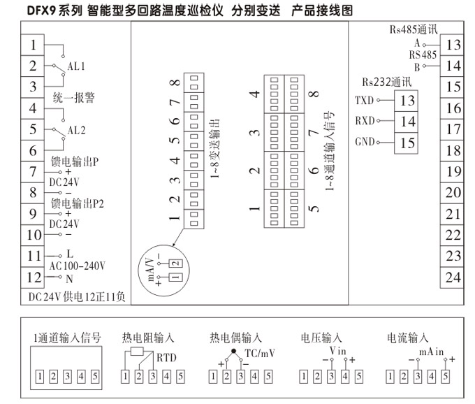 溫度巡檢儀，DFX9多回路溫度巡檢儀，多回路巡檢控制儀接線方式4