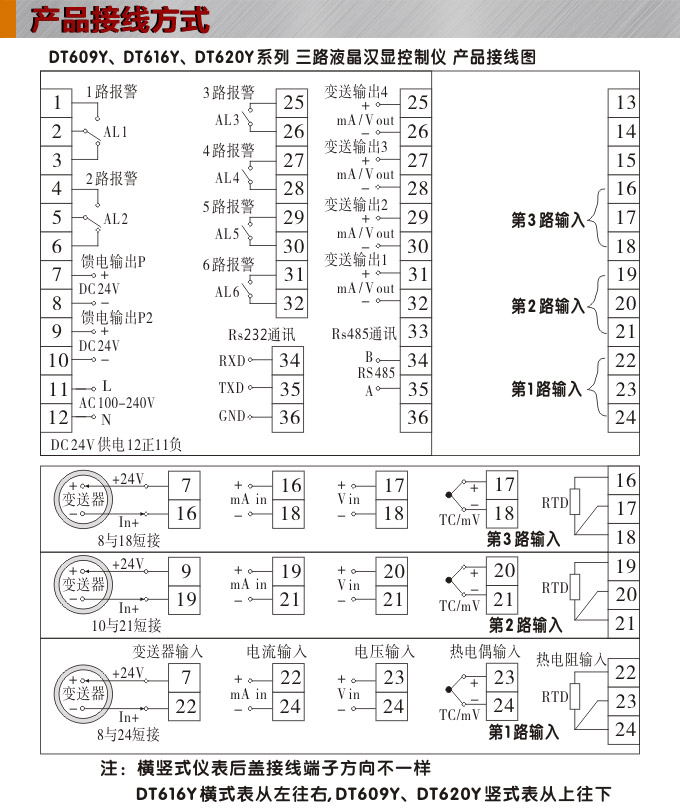 液晶漢顯控制儀,DT616三回路液晶顯示表,液晶顯示控制儀接線方式